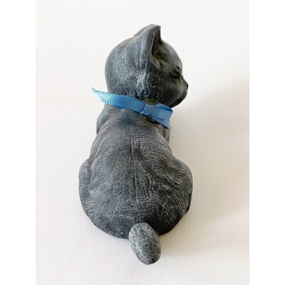 Spooky Black Kitty Cat Figurine Boy Kitten Green Eyes Blue Bow Small Halloween - Picture 3 of 7